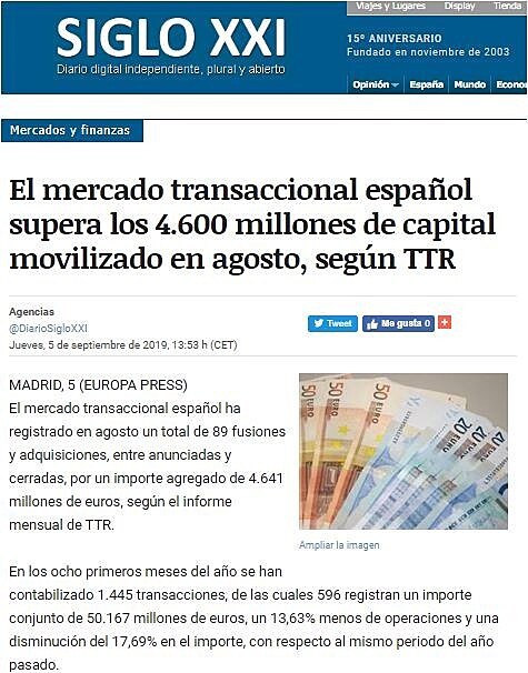 El mercado transaccional espaol supera los 4.600 millones de capital movilizado en agosto, segn TTR